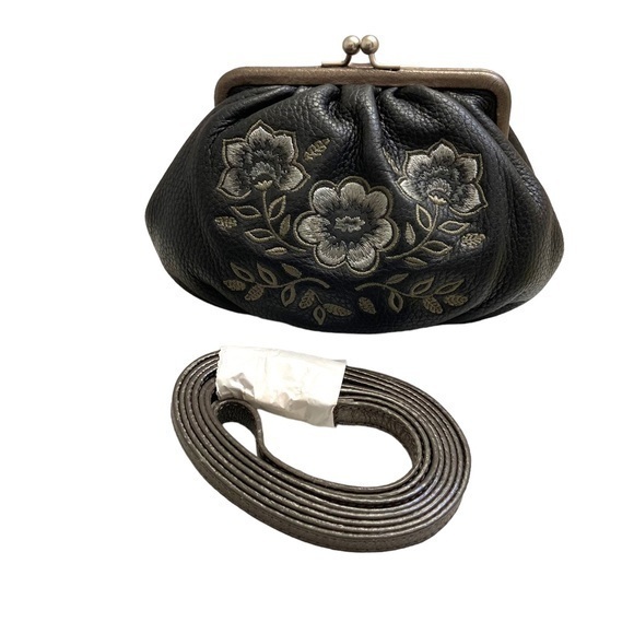 Brighton Black Leather Embroidered Kisslock Clutch Crossbody Bag